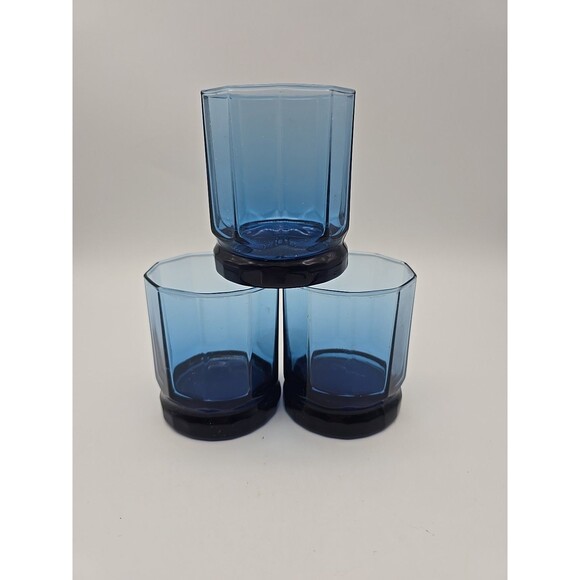 Anchor Hocking Cobalt Blue Essex 10 Panel Rocks Glasses Lowball Set of 3 MCM - Picture 1 of 8